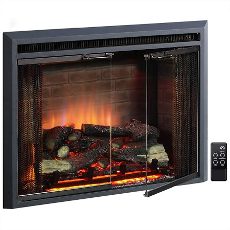  The PuraFlame Klaus Electric Fireplace Insert with a burning fire and its remote on a white background.