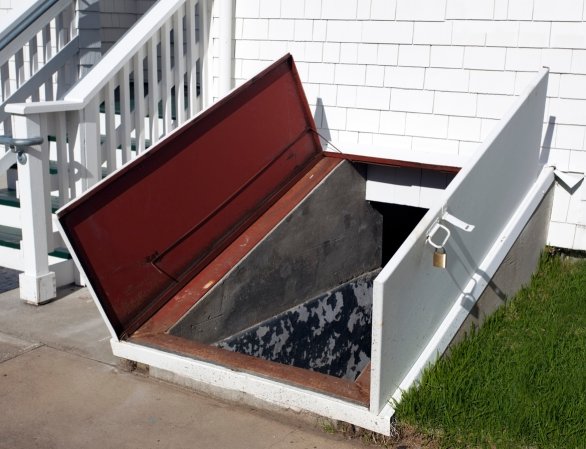 Open storm cellar door. Horizontal.