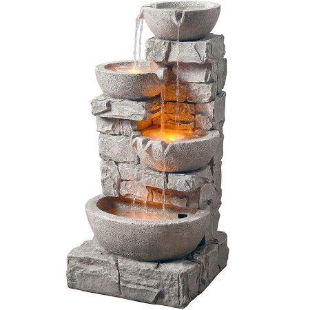  Outdoor Water Fountains Option: Peaktop 4 Tiered Stacked Stone Waterfall Fountain