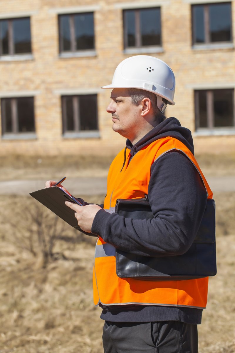 A male inspector wearing a jacket, orange vest, and hard hat outside holding a clip board.