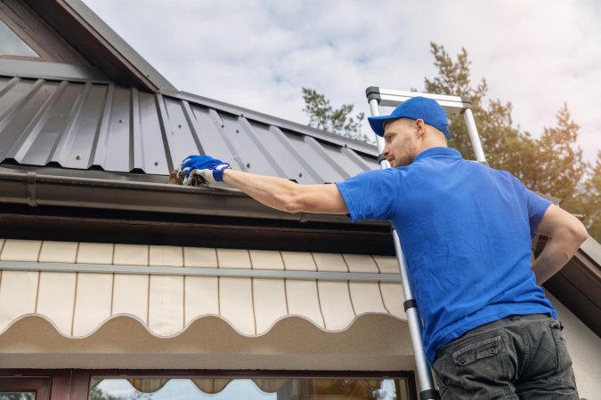 A close up of a worker on a ladder cleaning a home's gutter.