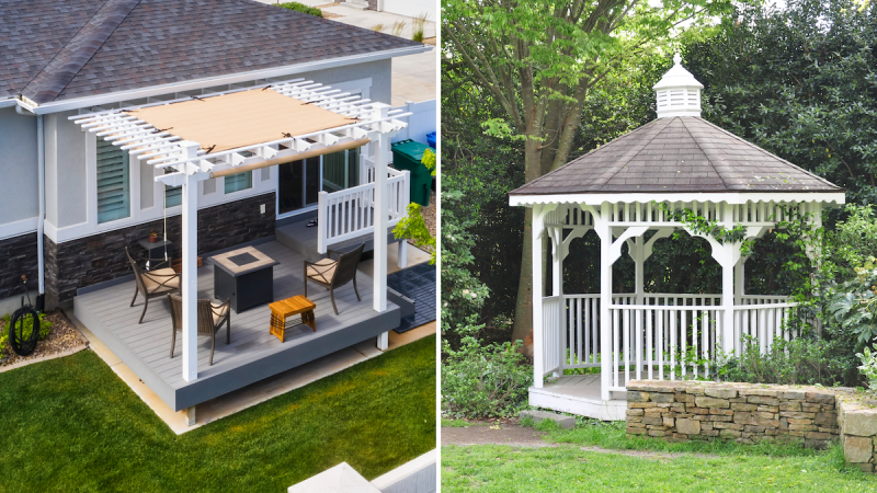 A side-by-side of a white pergola attached to a suburban home and a white gazebo in a backyard garden.