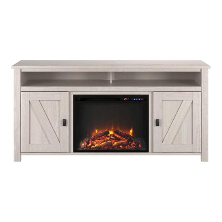  The Ameriwood Home Farmington Electric Fireplace Console with a fire burning inside on a white background.