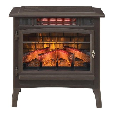  The Duraflame 3D Infrared Electric Fireplace Stove Heater on a white background with a fire glowing inside the fireplace heater.