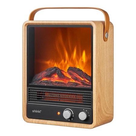  The Shinic Electric Fireplace Heater displaying a glowing fire on a white background.