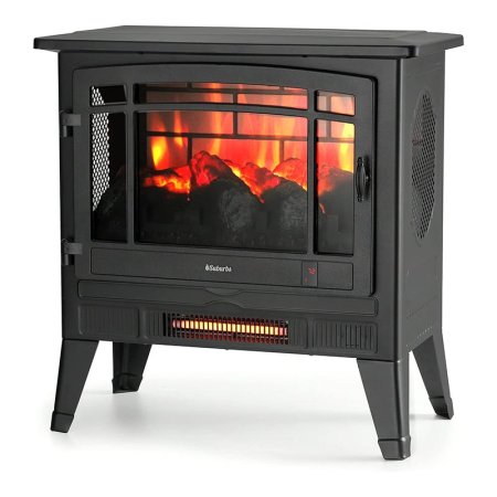  The Turbro Suburbs TS25 Electric Fireplace Stove Heater with a fire burning inside on a white background.