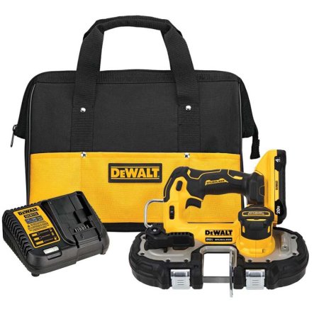  The DeWalt DCS377Q1 Atomic 20V Max Cordless Band Saw Kit on a white background.