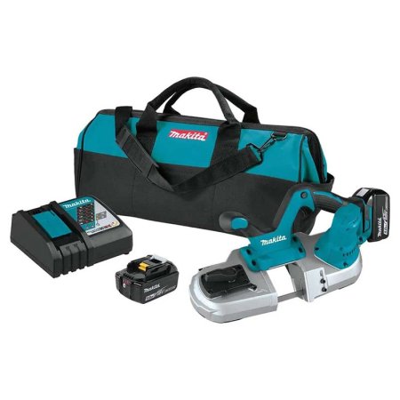  The Makita XBP03T 18V LXT Cordless Compact Band Saw Kit on a white background.