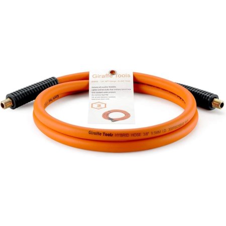  The Giraffe Tools Hybrid ⅜-Inch 50-Foot Air Hose with its label still attached on a white background.