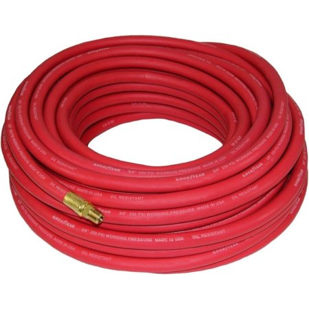  The Goodyear ⅜-Inch 50-Foot Red Rubber Air Hose coiled up in a circle on a white background.