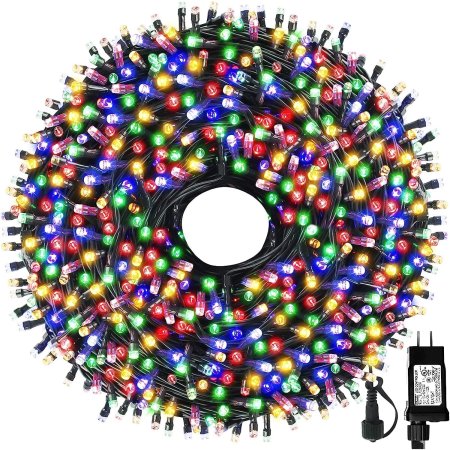  The MZD8391 105-Foot 300 LED Christmas Lights arranged in a circle on a white background next to their plug.