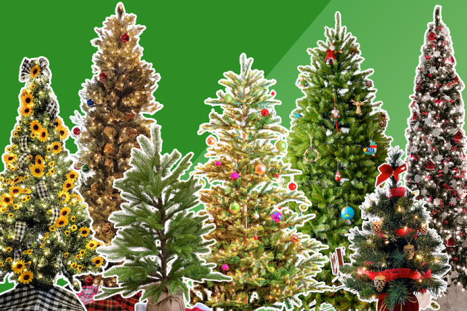 Multiple tested christmas trees on green background
