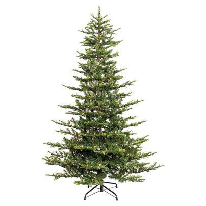 The Puleo International Prelit Aspen Fir Christmas Tree in its included stand on a white background.