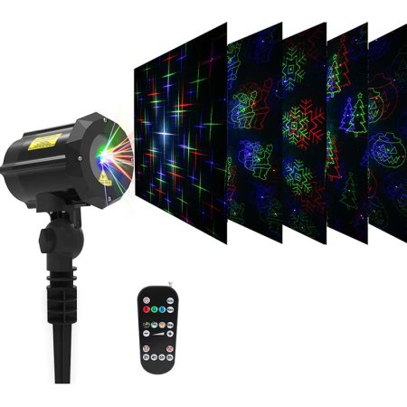  The LEDMall RGB Outdoor Laser Garden and Christmas Lights on a white background with a remote and several insets of the patterns the projector creates.