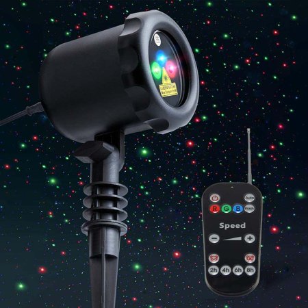  The Lunmore Christmas Lights Laser Projector and its remote on a dark background with colorful dots.