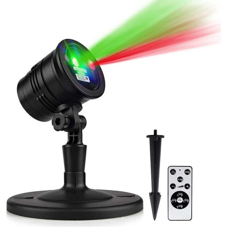  The Y Yuegang Christmas Projector Lights on a white background projecting red and green lights with a remote and ground stake also shown.