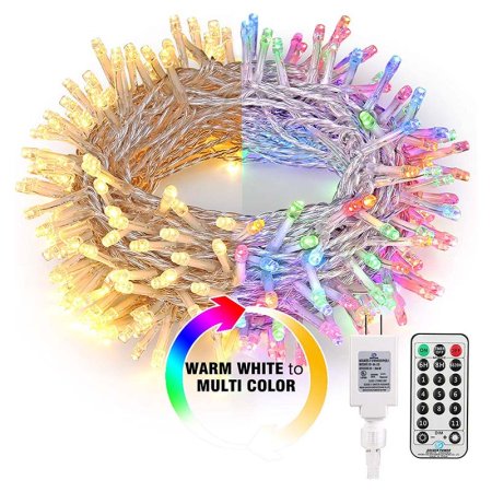  The Brizled 200 LED Christmas Lights arranged in a circle, half warm white, half multicolored, on a white background next to their plug and remote.