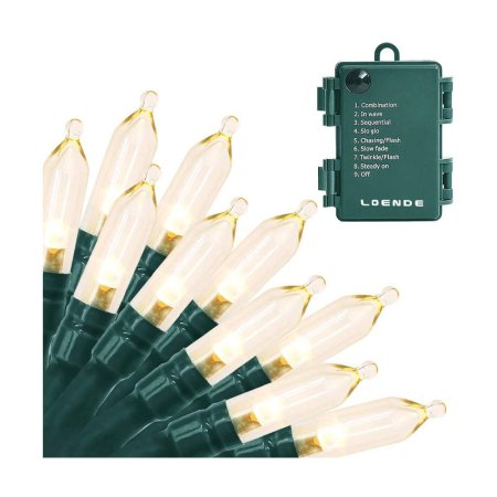  The Loende 50 Battery-Operated String Lights arranged in a fan shape on a white background next to their plug.