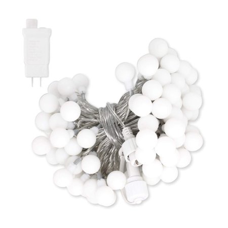  The Louis Choice 100 LED Globe String Lights in a bundle on a white background next to their plug.