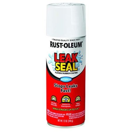  Black and red spray bottle of Rust-Oleum LeakSeal Flexible Rubber Coating on white background