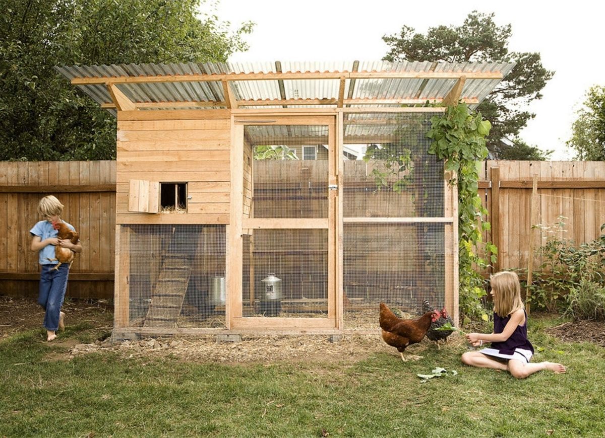 A large walk-in chicken coop made out of wood and wire.