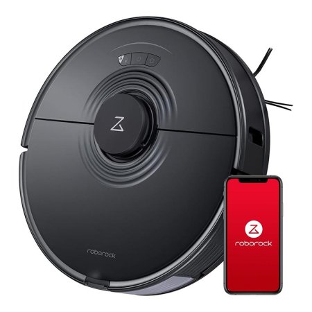  The Roborock S7 Robot Vacuum and Mop on a white background with a phone next to it showing the Roborock app.