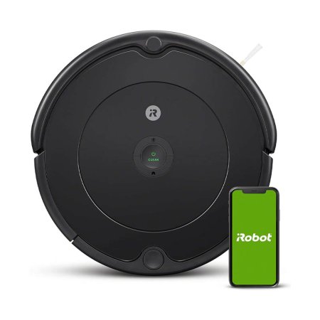  The Robot Roomba 694 Robot Vacuum on a white background with a phone next to it showing the iRobot app.