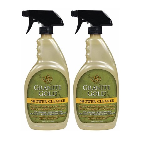  Two spray bottles of Granite Gold Shower Cleaner on a white background.