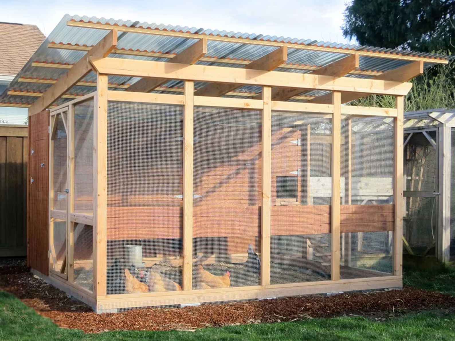 loft walk-in chicken coop with metal roof