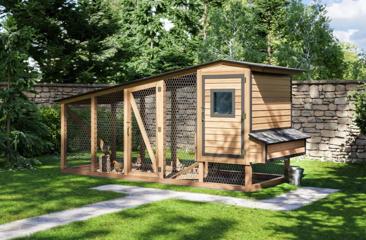 Large backyard wooden chicken coop.