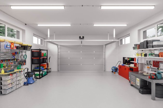 A view of the interior of an organized garage.