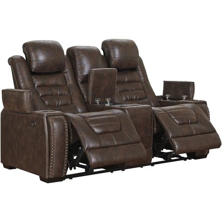  The Signature Design by Ashley Game Zone Reclining Loveseat on a white background with the recliners partially extended.