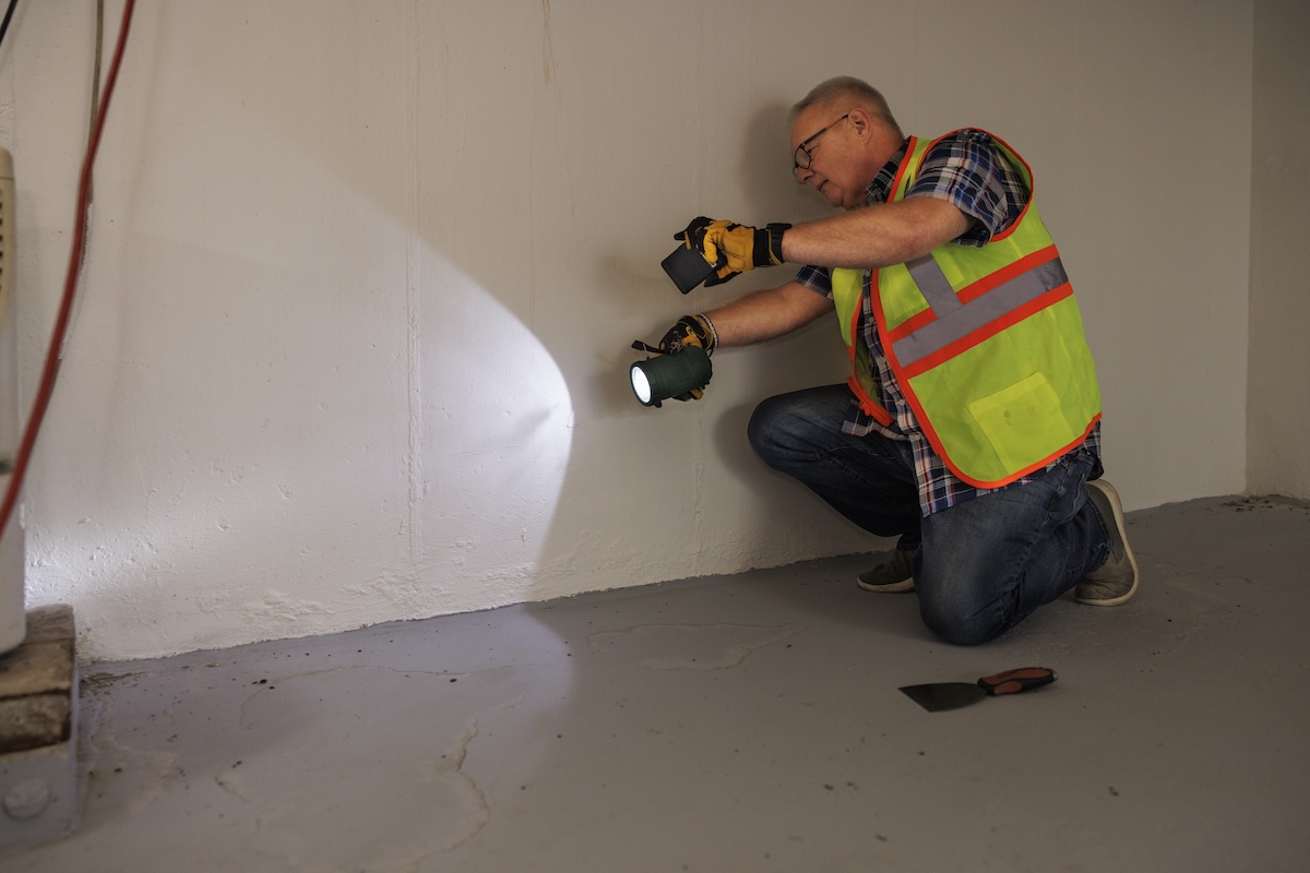 A foundation inspector looking at basement walls for cracks and problems.