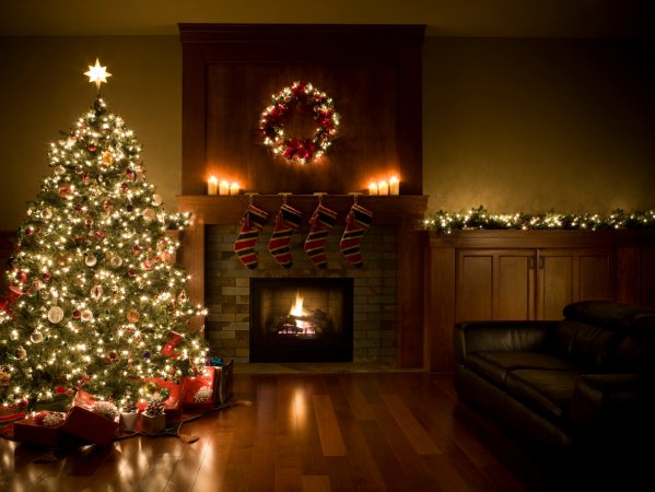 Adorned Christmas Tree, Wreath, and Garland Inside Living Room, Copyspace