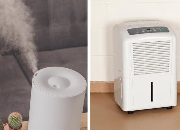 Left, an ultrasonic humidifier. Right, an evaporative humidifier.