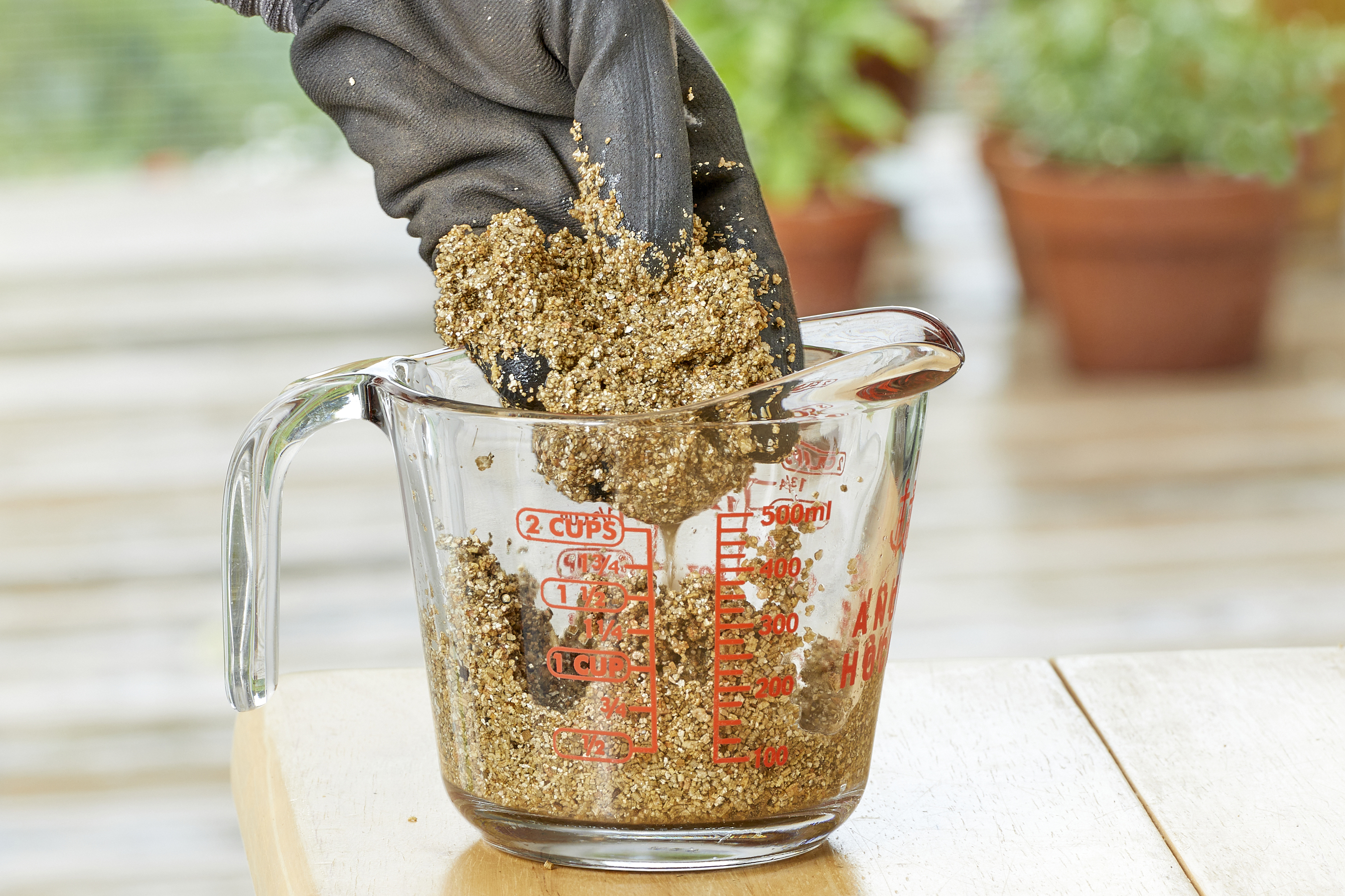 Gardener with black glove feels vermiculite from a measuring cup.