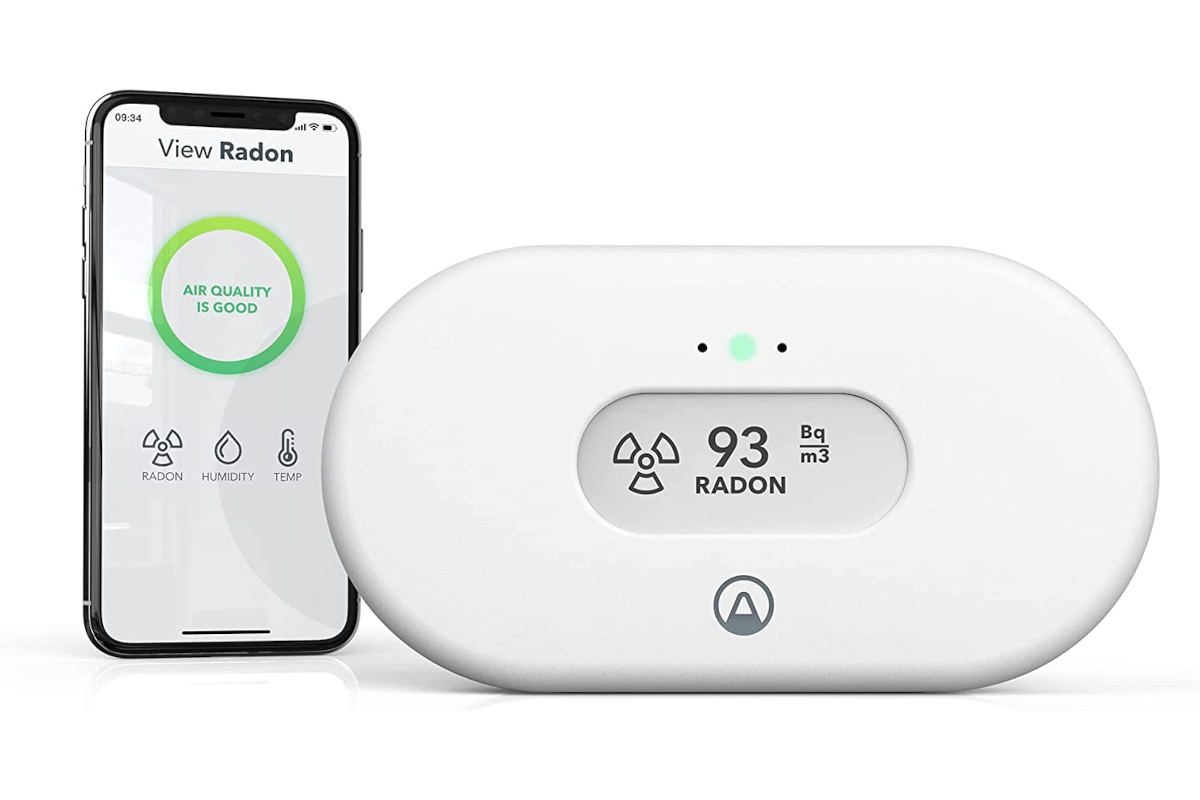 Airthings View Radon detector on a white background.