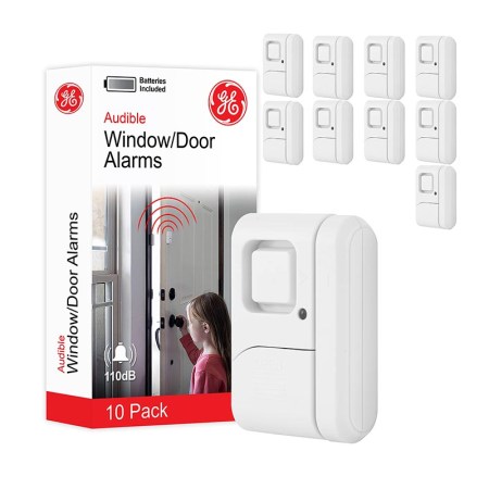  The box and alarms of the GE Audible Window/Door Alarms on a white background.