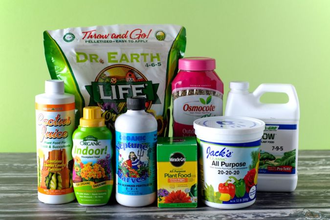 Multiple indoor plant fertilizer brands lined up against a green background