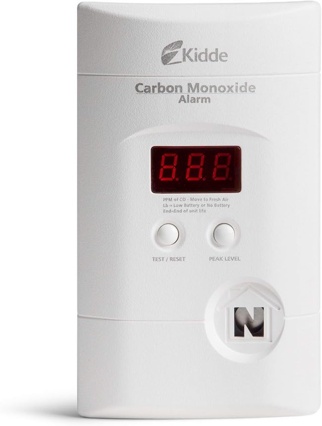 Kidde carbon monoxide detector on white background.