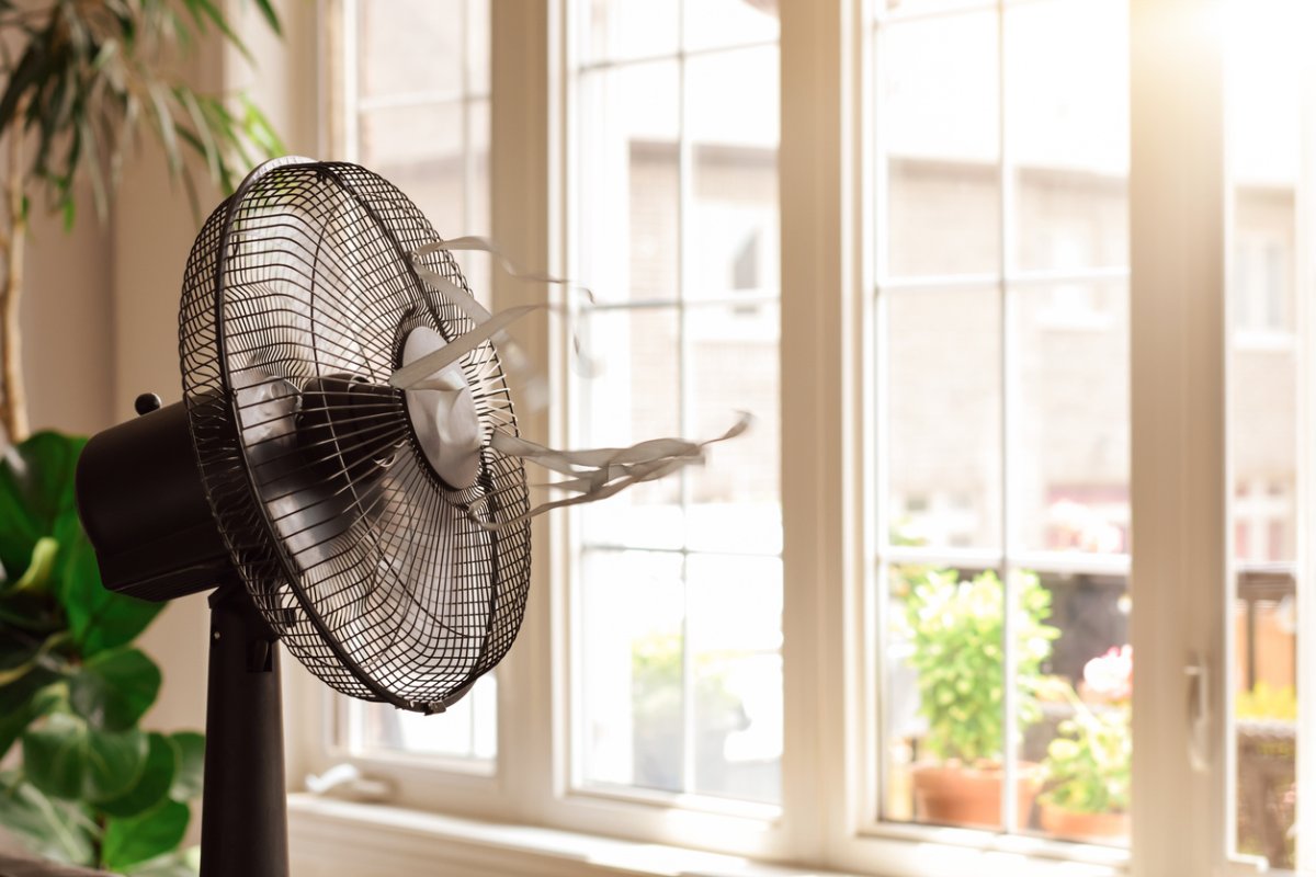 Black metal fan with ribbons is on in front of a sunny window.