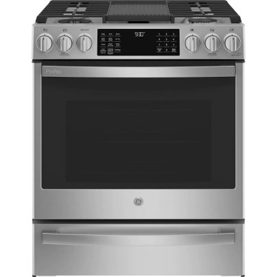 The GE Profile Dual Fuel Range on a white background