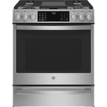  The GE Profile Dual Fuel Range on a white background