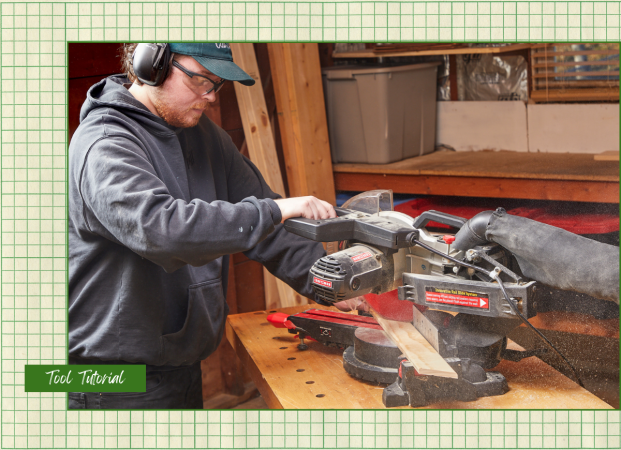 A DIYer using a miter saw in a home workshop for projects and repairs with a graphic overlay that says Tool Tutorial.