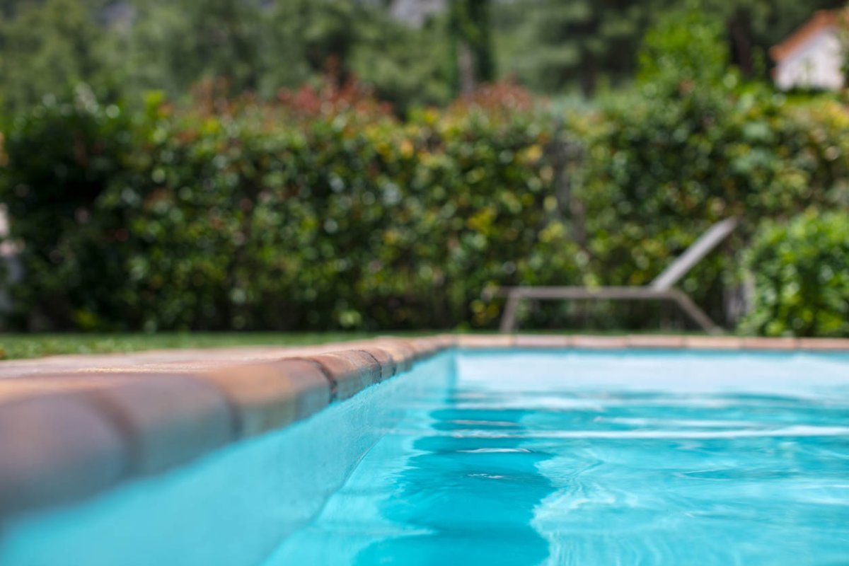 A sparkling blue swimming pool in a back yard.