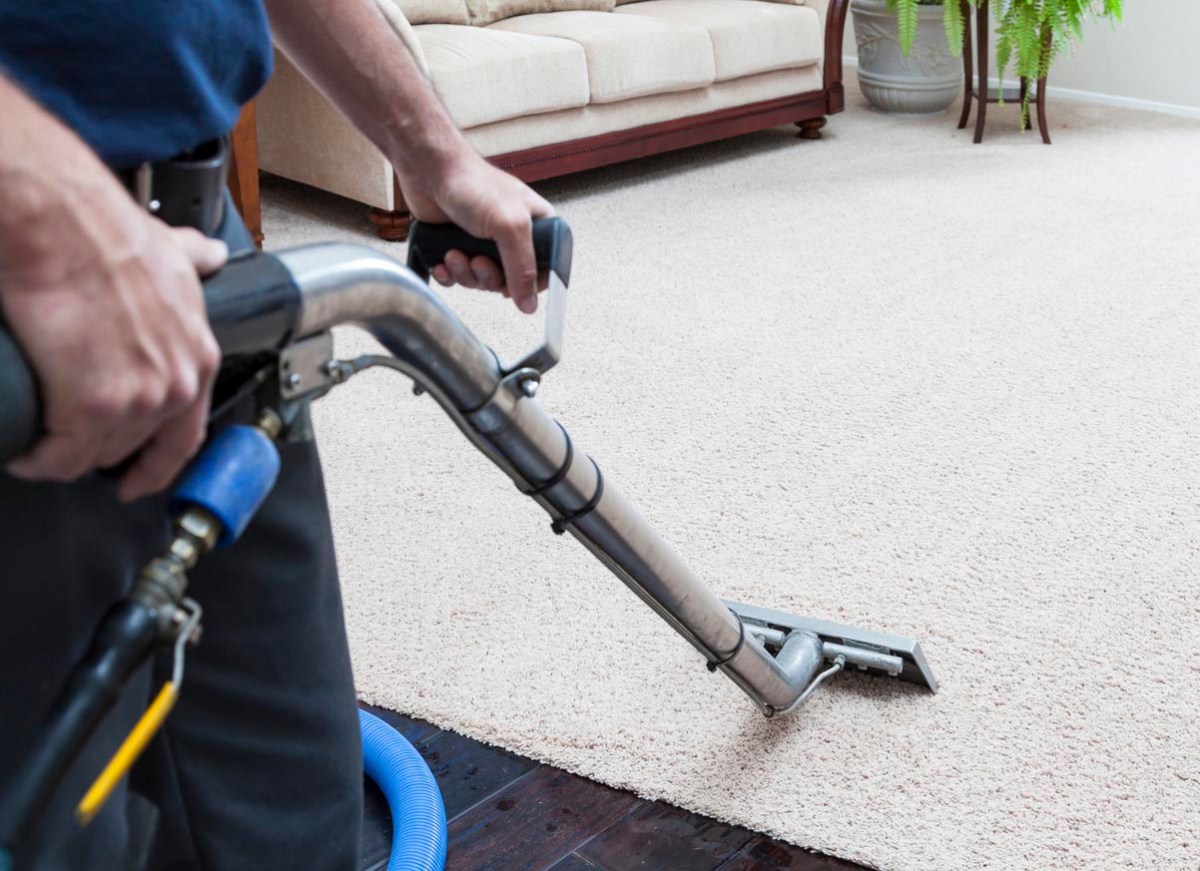 A close up of a carpet cleaner in use on a white carpet. 