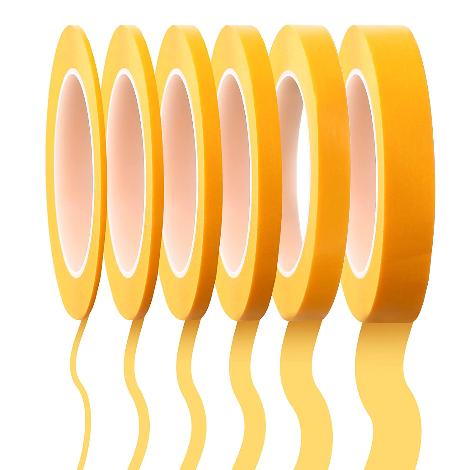 Five rolls of yellow decorative shape painter's tape with wavy edges.