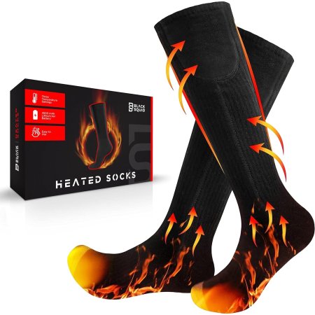  A box and pair of Black Squid Rechargeable Heated Socks with red, yellow, and orange arrows pointing up to signify heat