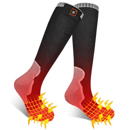  The Day Wolf Heated Socks With Rechargeable Battery with yellow and orange arrows signifying heat.