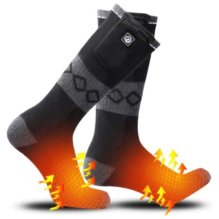  The Sun Will Heated Socks on a white background with illustrated red, orange, and yellow arrows pointing up to signify radiating heat.